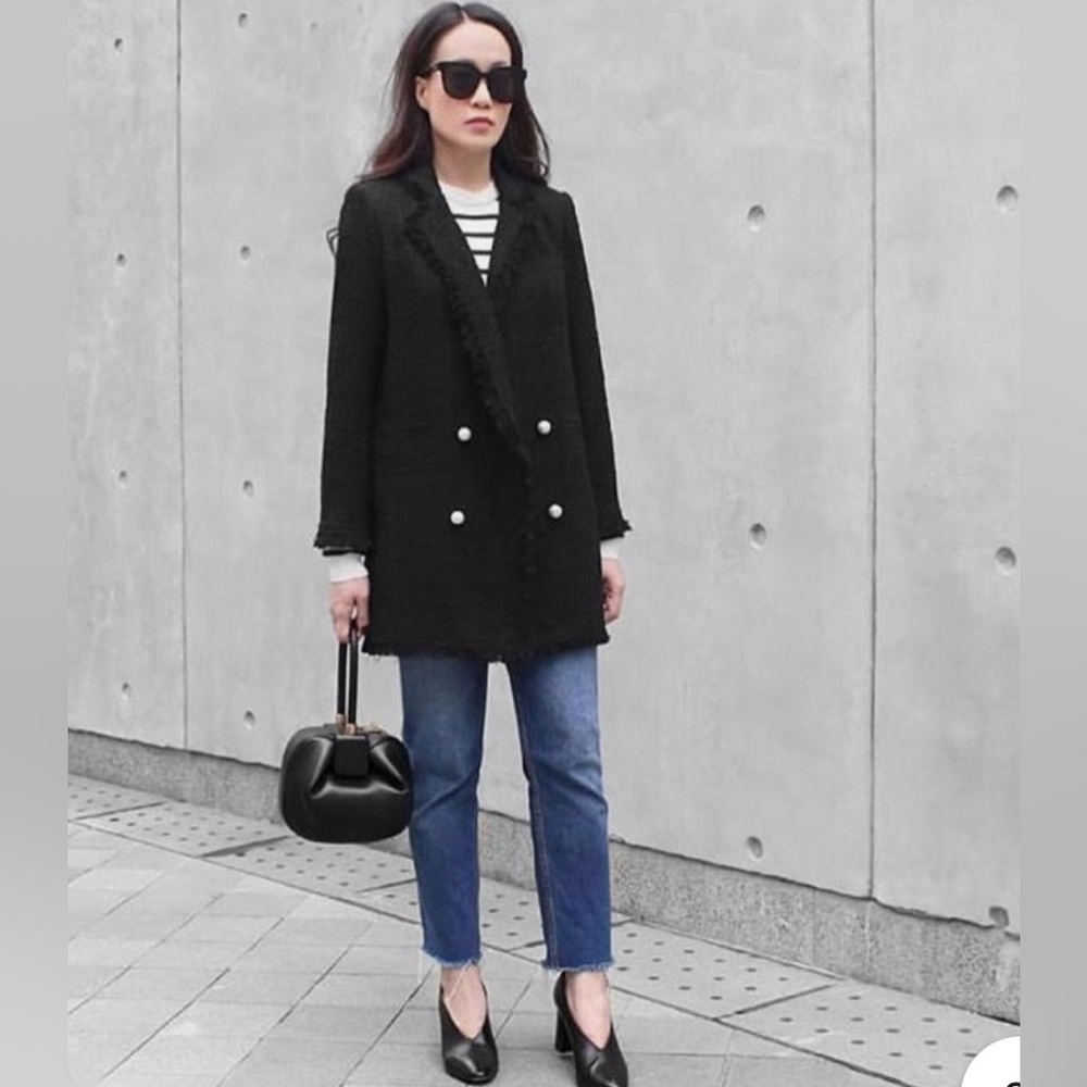 Zara Black Coat Pearls Frayed Tweed Boucle Button Blazer Size XS